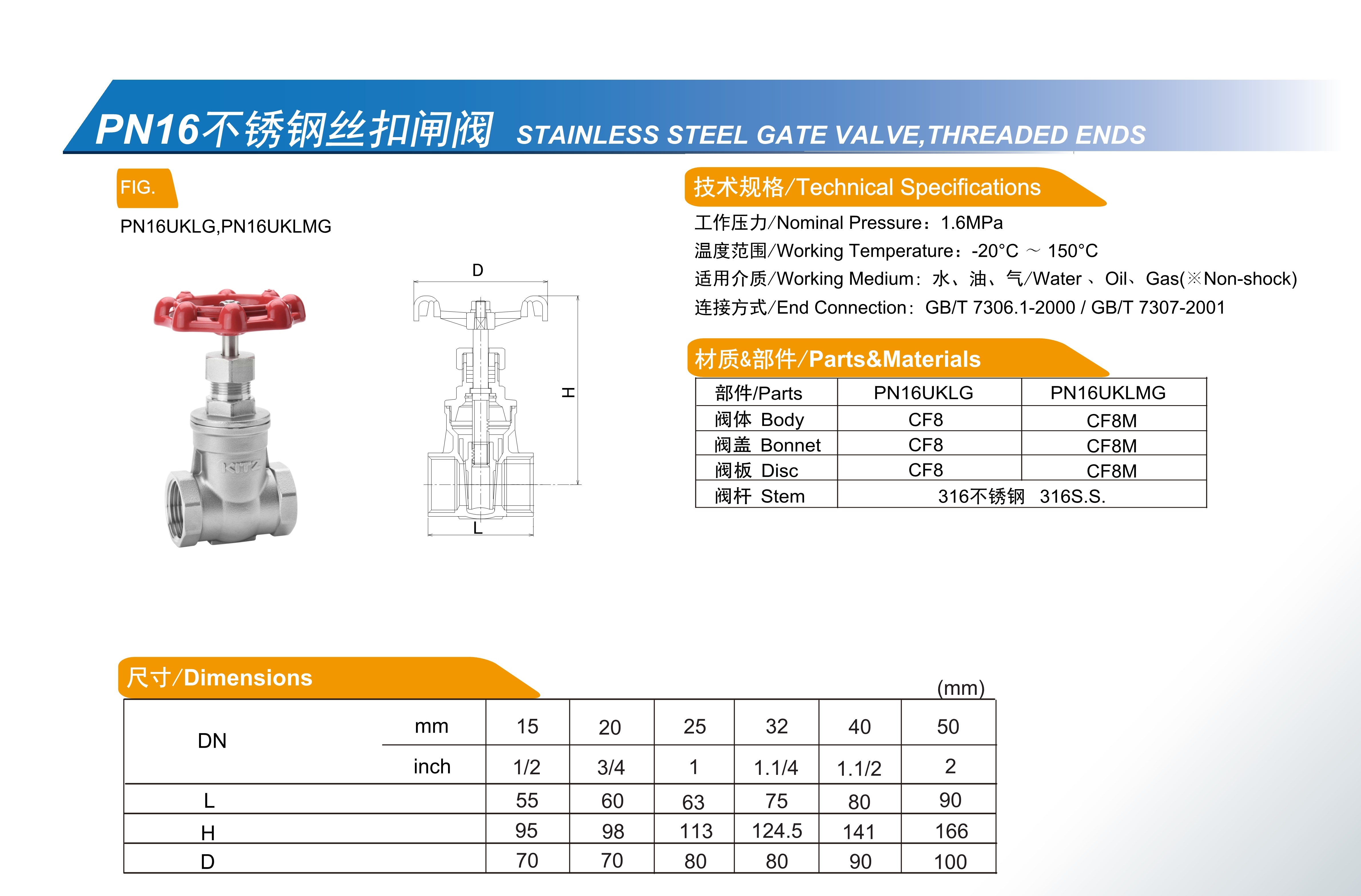不锈钢丝扣闸阀 PN16UKLG
