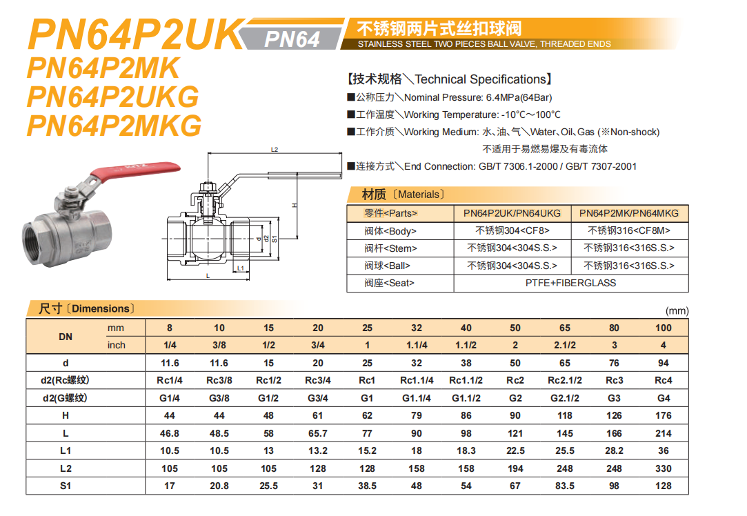 不锈钢二片式丝扣球阀PN64P2UK